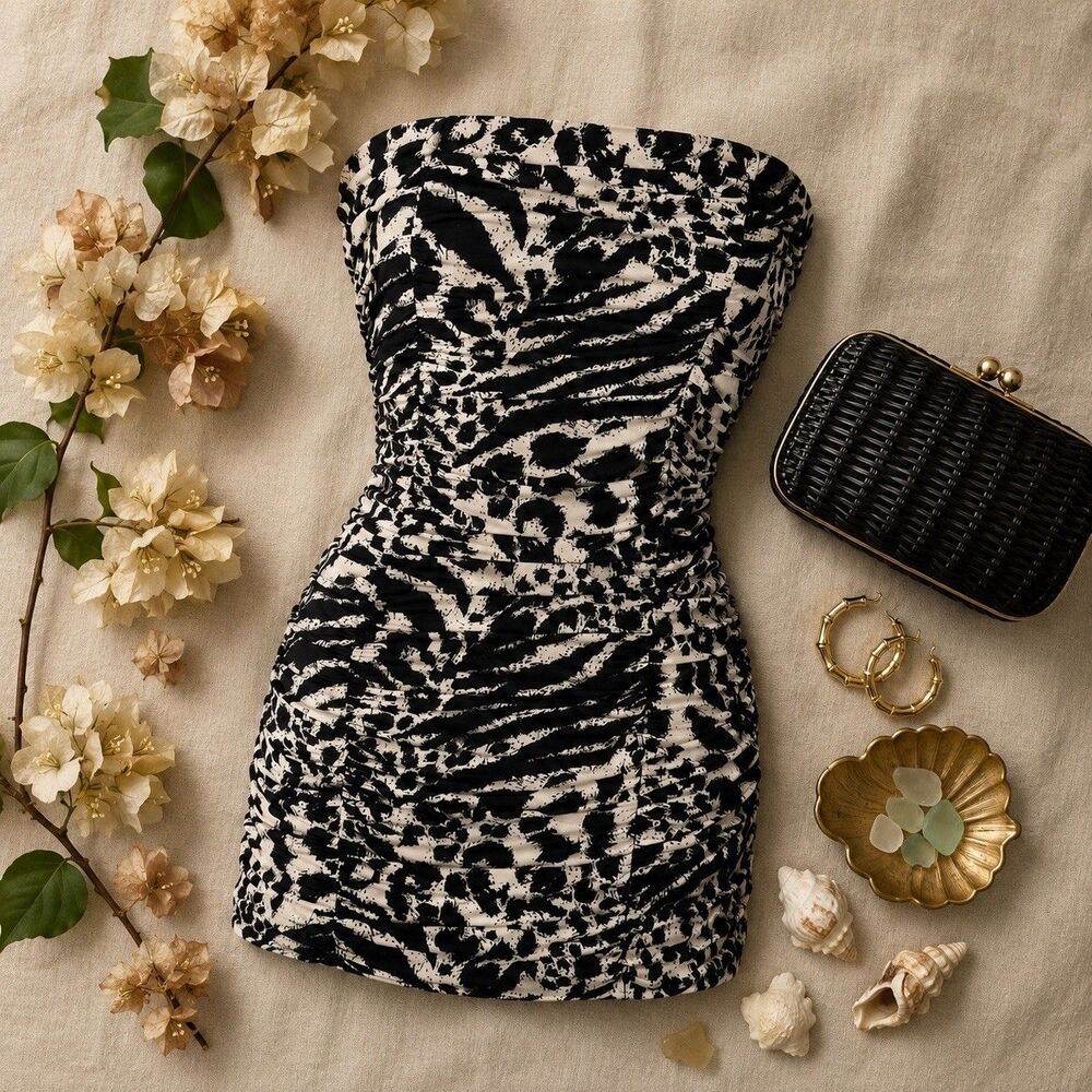 Vintage Ruched Animal Print Strapless Tube Mini Dress M